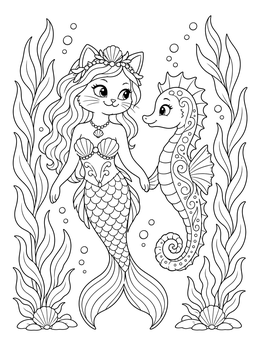 A purrmaid coloring page featuring a cat mermaid holding hands with a smiling seahorse.