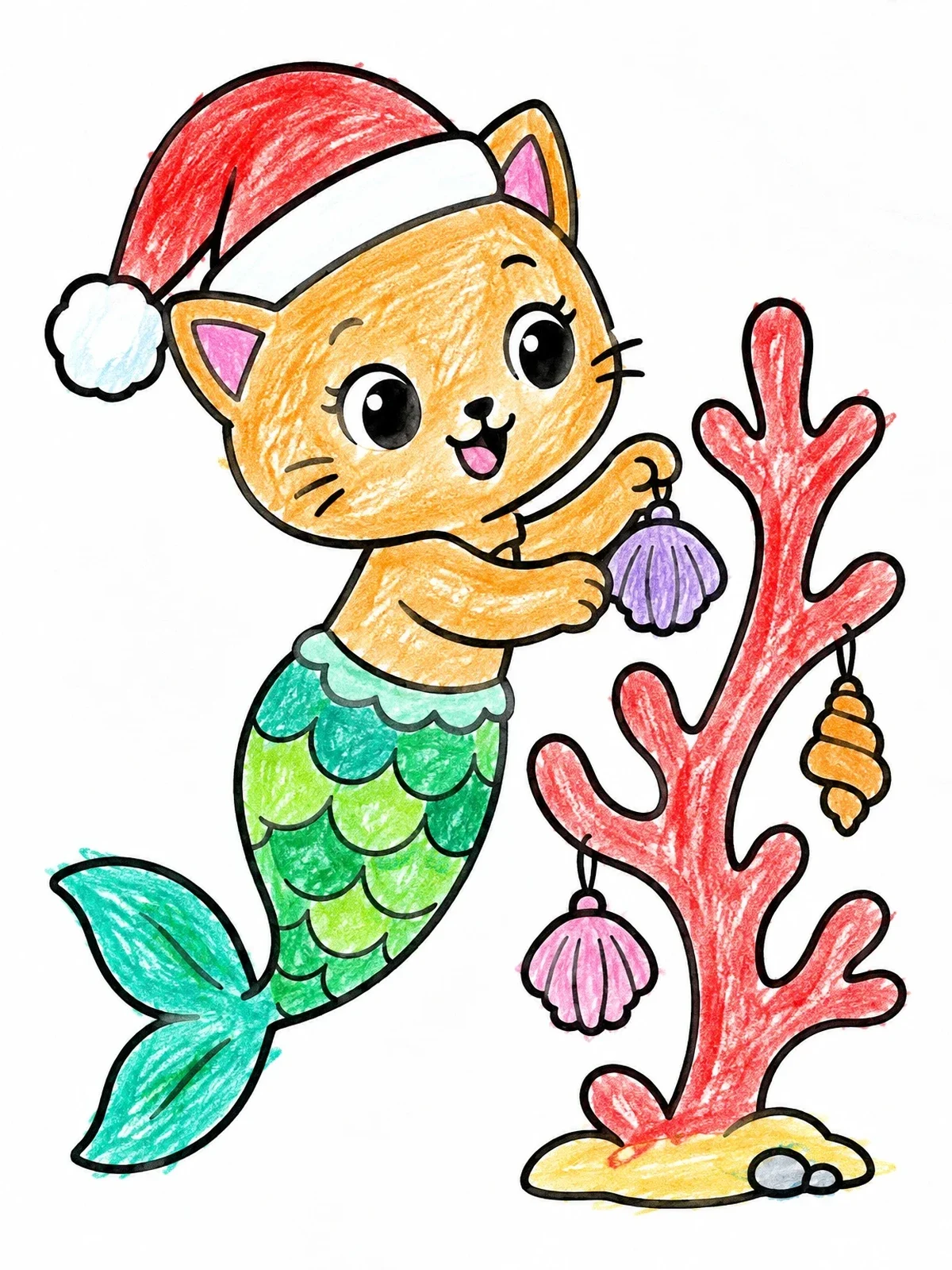 Colored example of the Festive Purrmaid Decorating Underwater Coral coloring page