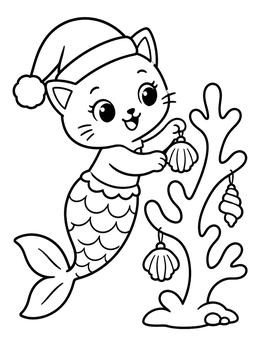 Free printable Festive Purrmaid Decorating Underwater Coral coloring page