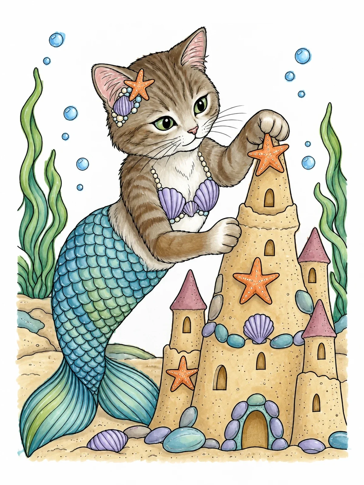 Colored example of the Purrmaid Decorating A Sandcastle coloring page