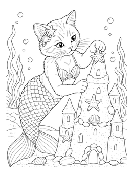 A purrmaid coloring page featuring a mermaid cat decorating an underwater sandcastle with starfish.