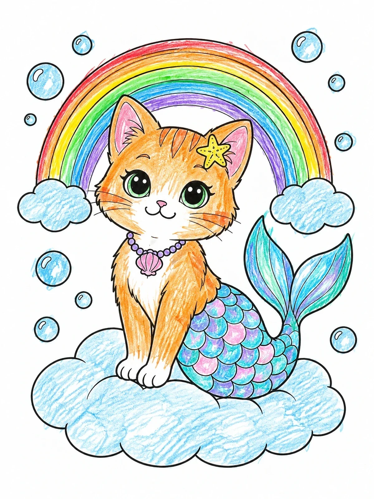 Colored example of the Purrmaid Kitten On A Cloud With Rainbow coloring page
