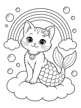 Free printable Purrmaid Kitten On A Cloud With Rainbow coloring page