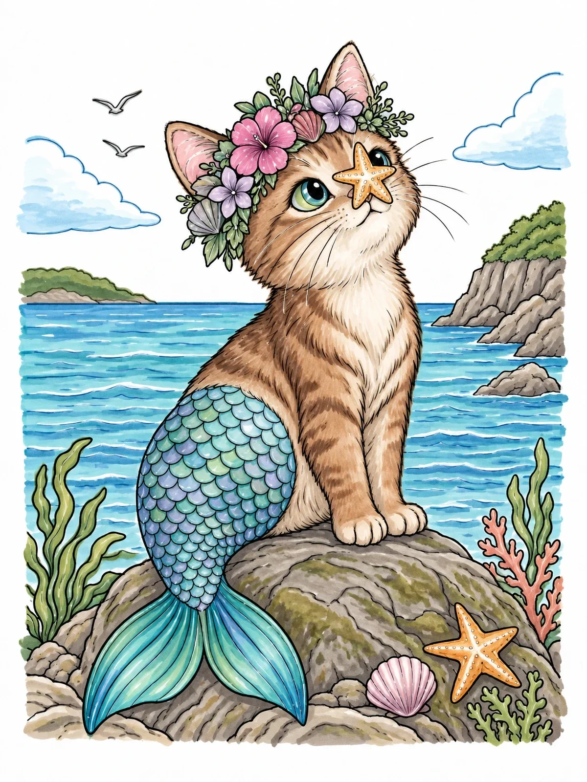 Colored example of the Purrmaid Kitten With Starfish On Nose coloring page