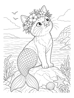 A purrmaid coloring page featuring a mermaid cat sitting on a rock with a starfish on its nose.