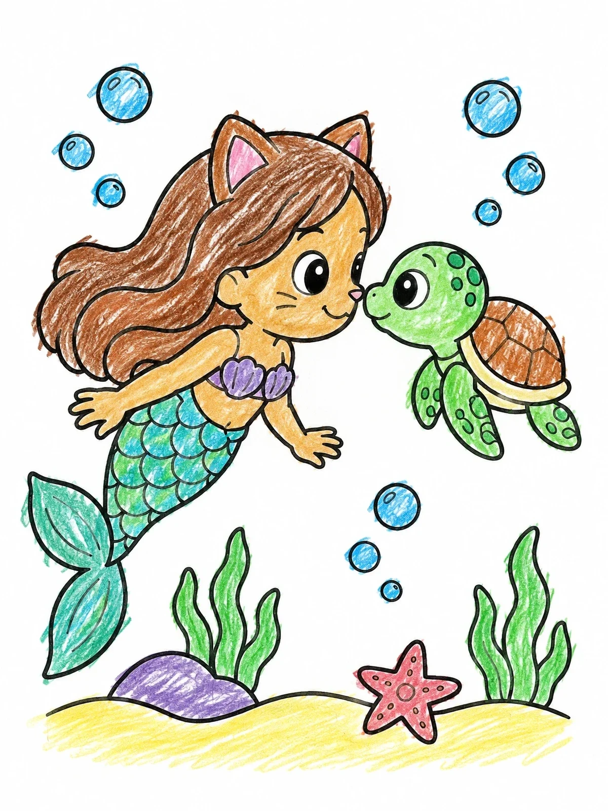Colored example of the Purrmaid Swimming With Baby Sea Turtle coloring page