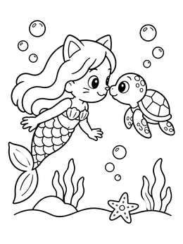 Free printable Purrmaid Swimming With Baby Sea Turtle coloring page