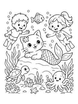 Free printable Cute Purrmaid And Swimming Kids Underwater coloring page