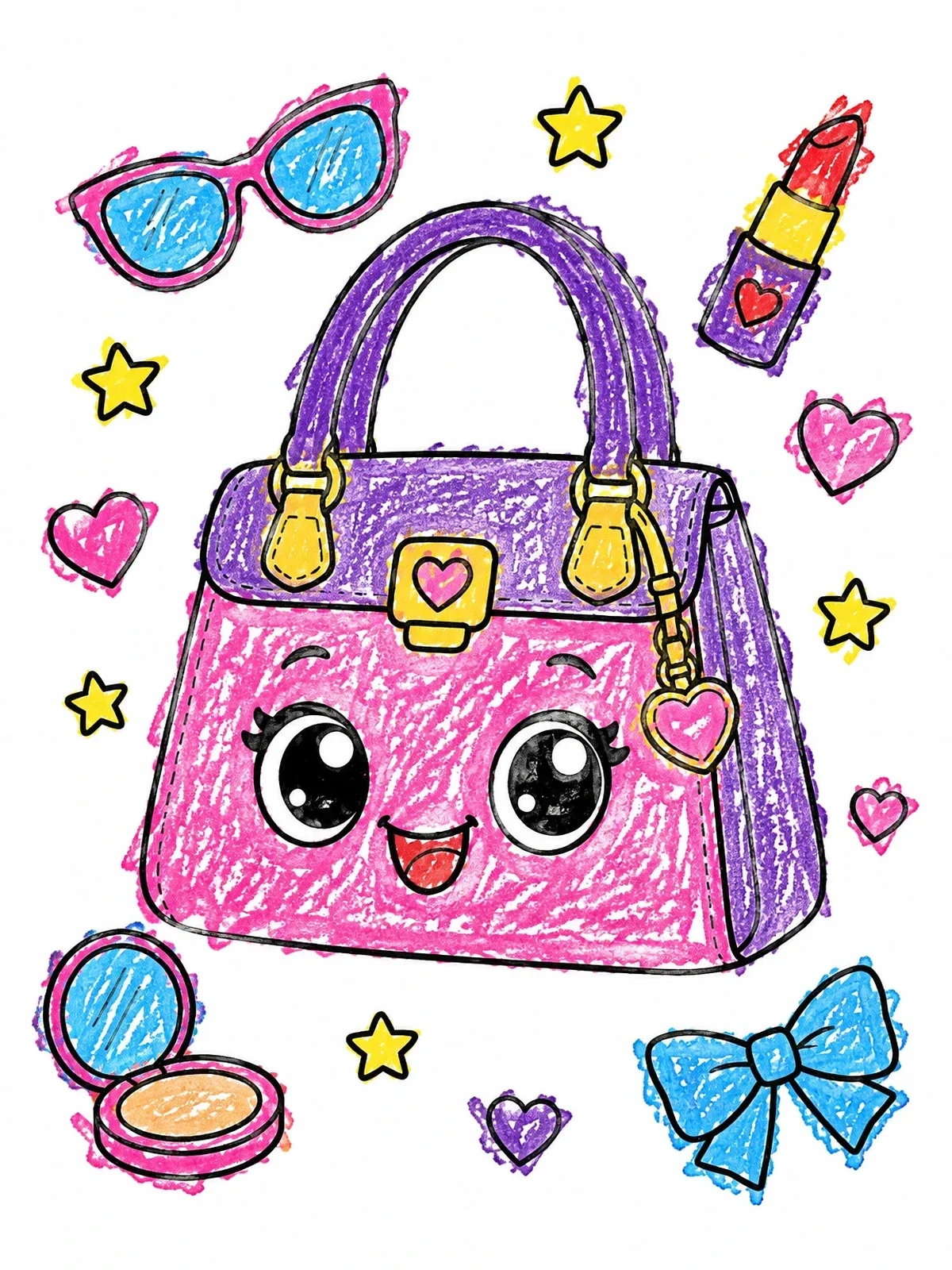 Colored example of the Cute Cartoon Handbag With Accessories coloring page