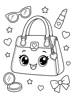 Free printable Cute Cartoon Handbag With Accessories coloring page