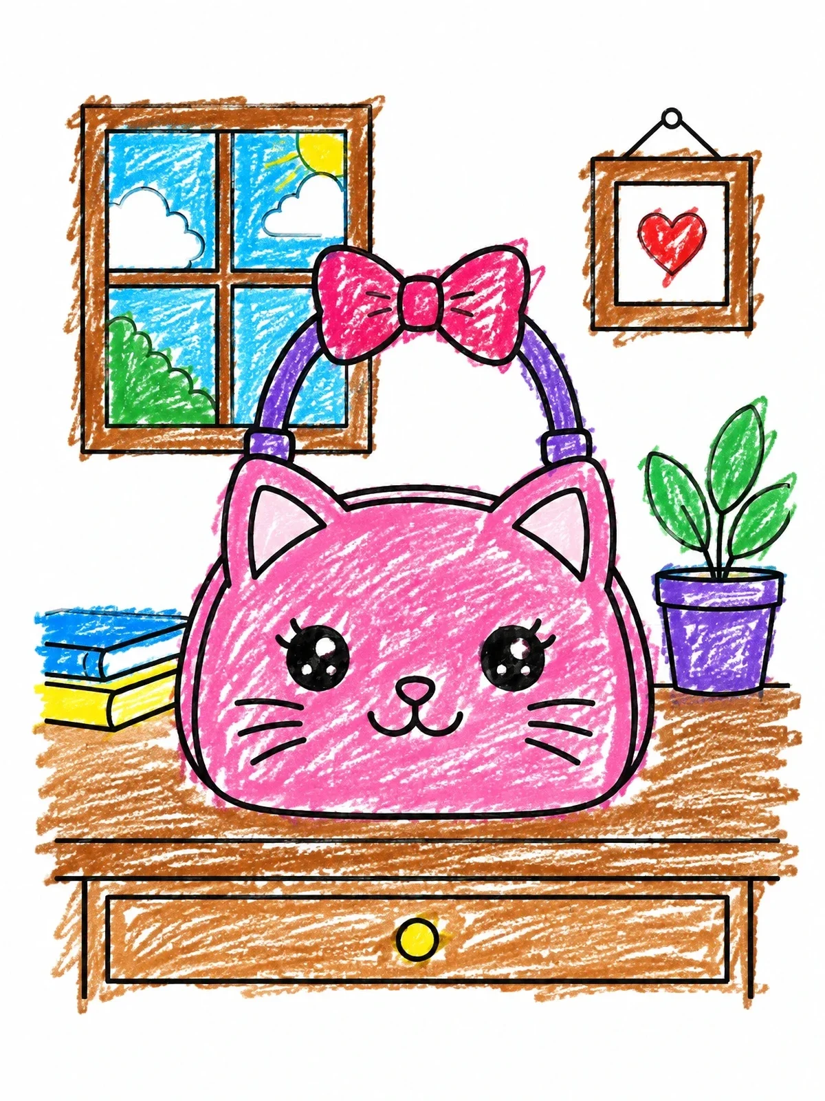 Colored example of the Cute Cat Face Handbag On Desk coloring page