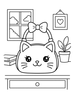 Free printable Cute Cat Face Handbag On Desk coloring page