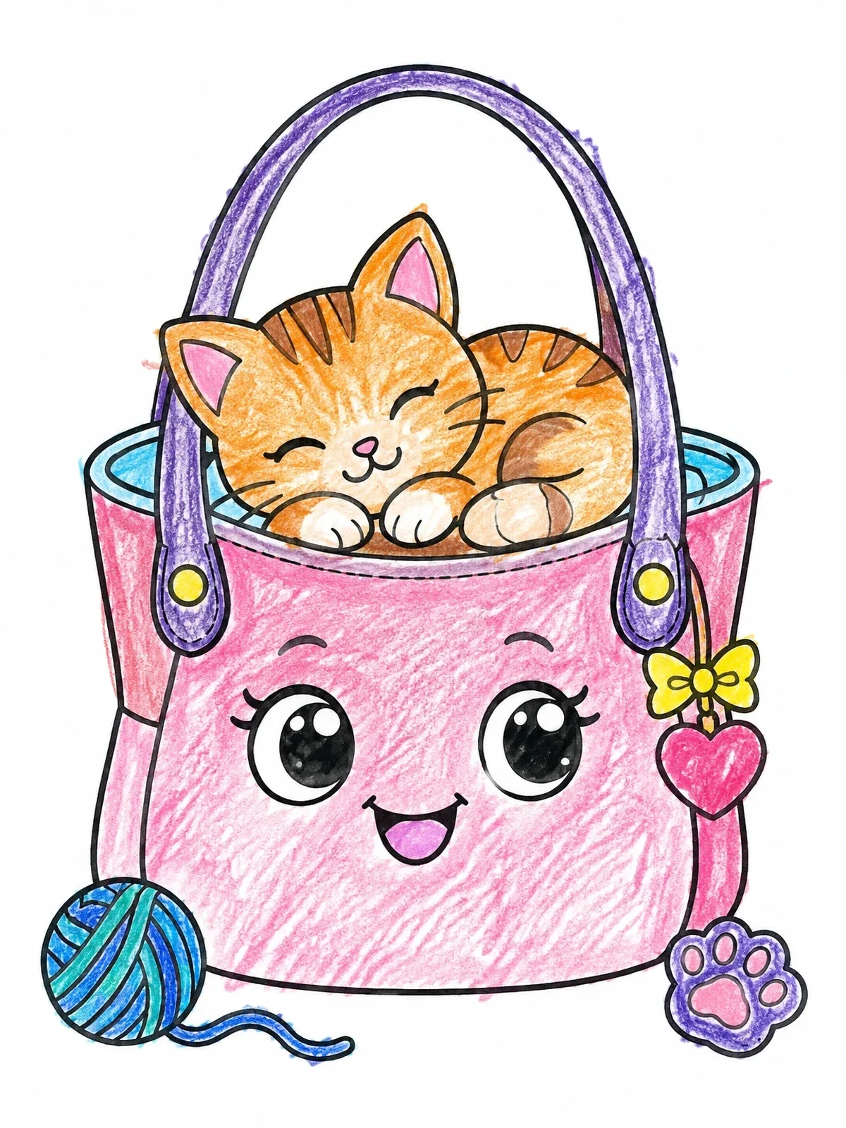 Colored example of the Cute Kitten Sleeping In A Handbag coloring page