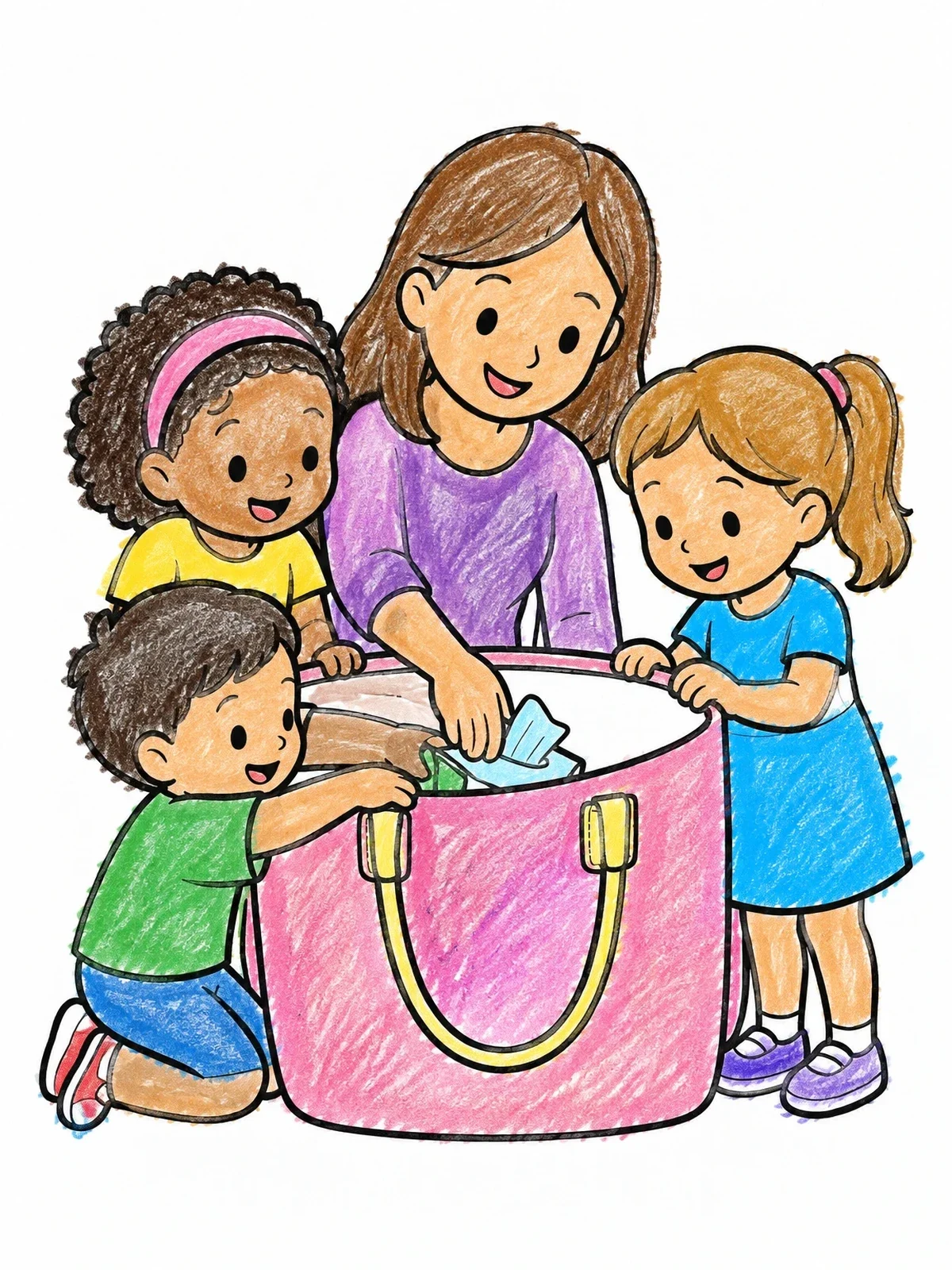 Colored example of the Family Looking Inside Big Handbag coloring page