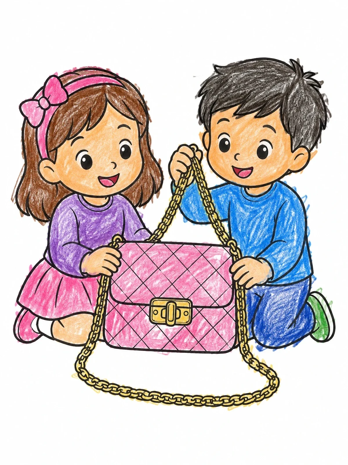 Colored example of the Kids Admiring A Quilted Crossbody Handbag coloring page