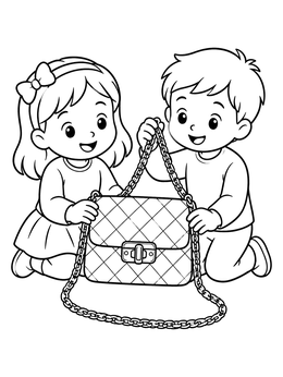 Free printable Kids Admiring A Quilted Crossbody Handbag coloring page