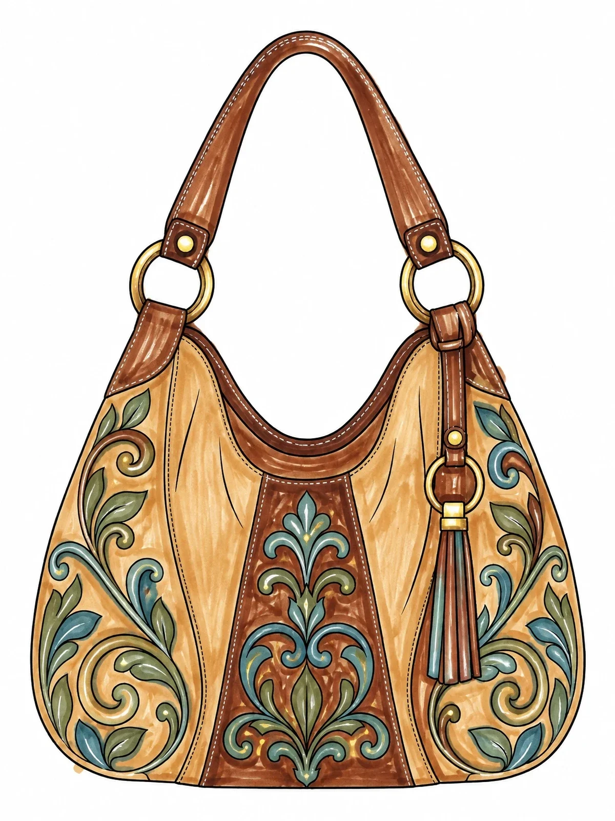 Colored example of the Ornate Slouchy Hobo Bag With Tassel coloring page