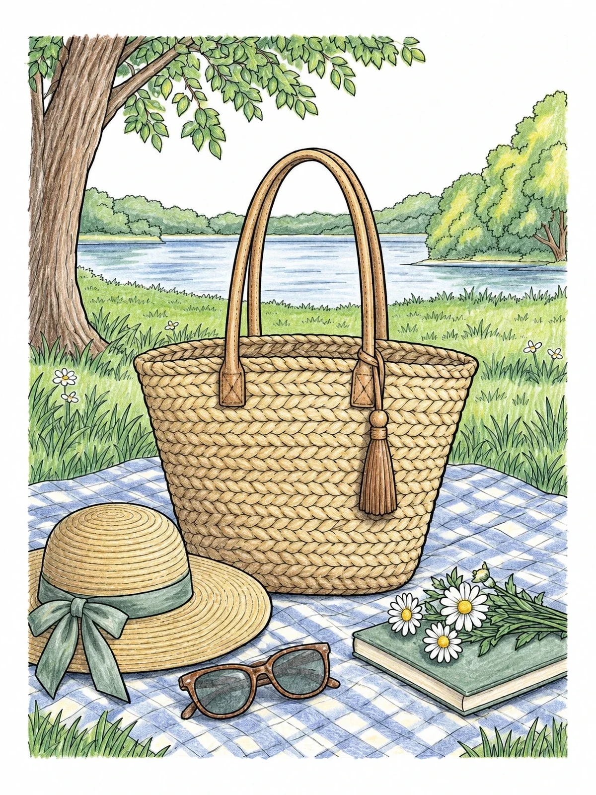 Colored example of the Woven Straw Bag On Picnic Blanket coloring page