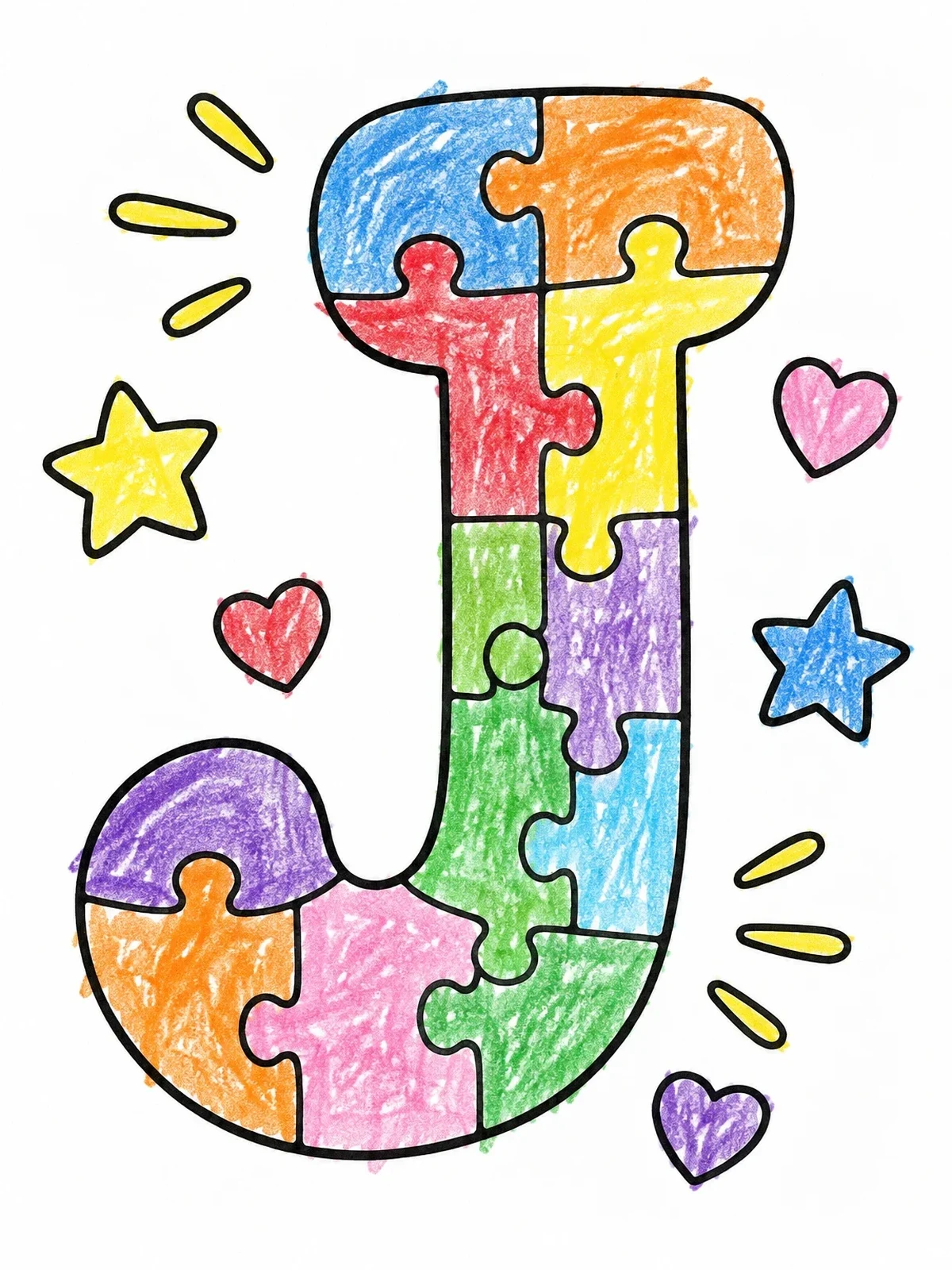 Colored example of the Puzzle Capital Letter J coloring page