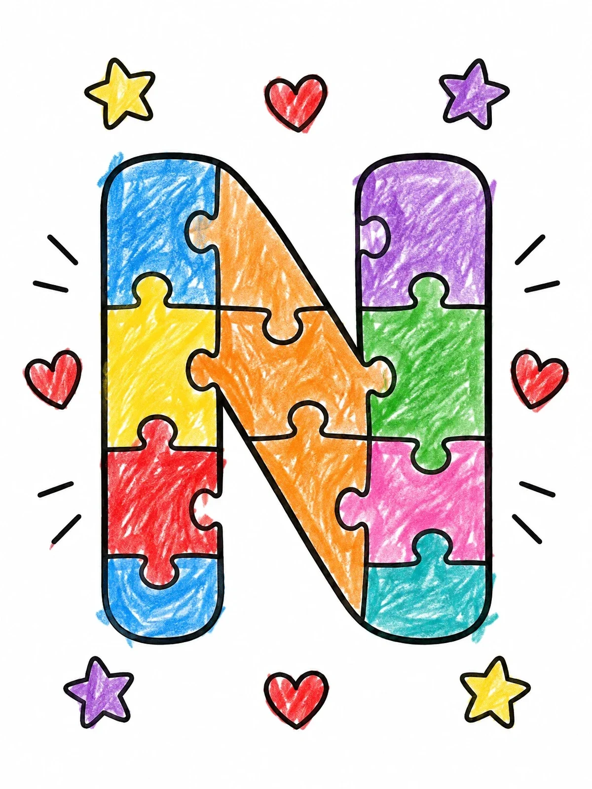 Colored example of the Puzzle Pattern Capital Letter N coloring page
