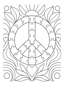 A jigsaw puzzle peace sign coloring page framed by hearts, leaves, and sun rays.
