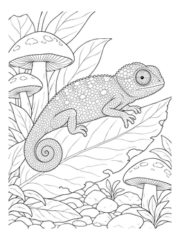 A detailed chameleon coloring page featuring a small reptile resting on a jungle leaf beside mushrooms.