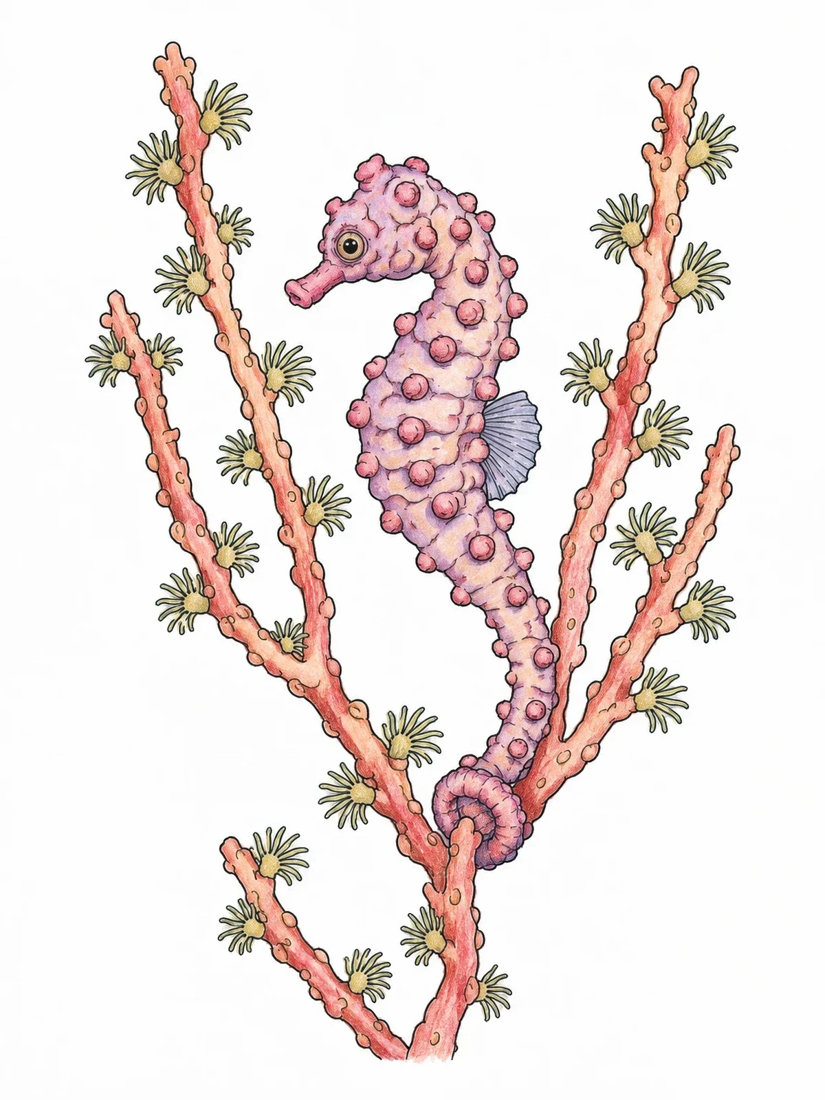 Colored example of the Pygmy Seahorse On Coral Branch coloring page
