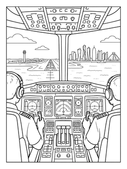 Pilots guide an airplane toward the runway and Doha skyline in this qatar coloring page.