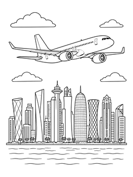 Free printable Airplane Flying Over Doha Skyline coloring page