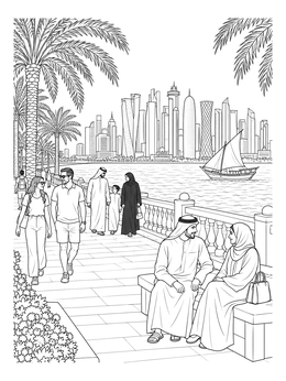 People walking by palm trees along the bay on this qatar coloring page.