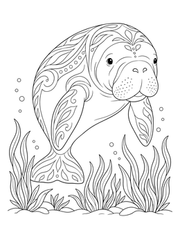 An ornate sea cow glides through seagrass in this detailed qatar coloring page.