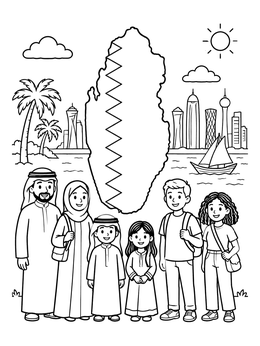 Free printable Family Visiting Qatar With Map And Skyline coloring page