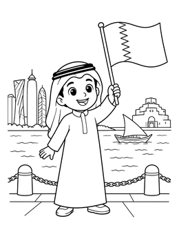 Free printable Qatari Boy Waving Flag By The Bay coloring page