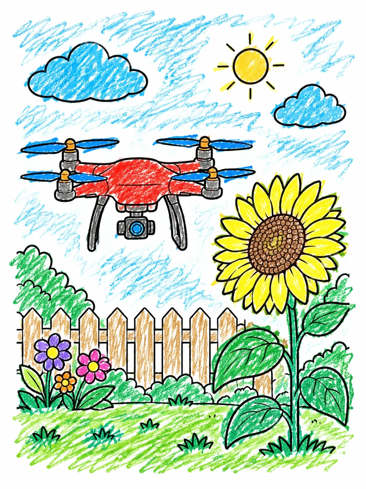 Colored example of the Quadcopter Drone Beside A Blooming Sunflower coloring page