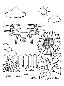 Free printable Quadcopter Drone Beside A Blooming Sunflower coloring page