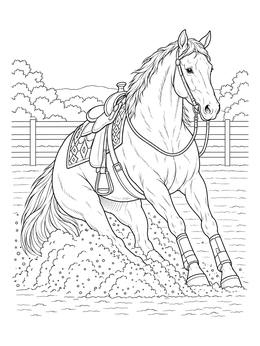 A detailed horse coloring page of a western quarter horse performing a sliding stop in an arena.