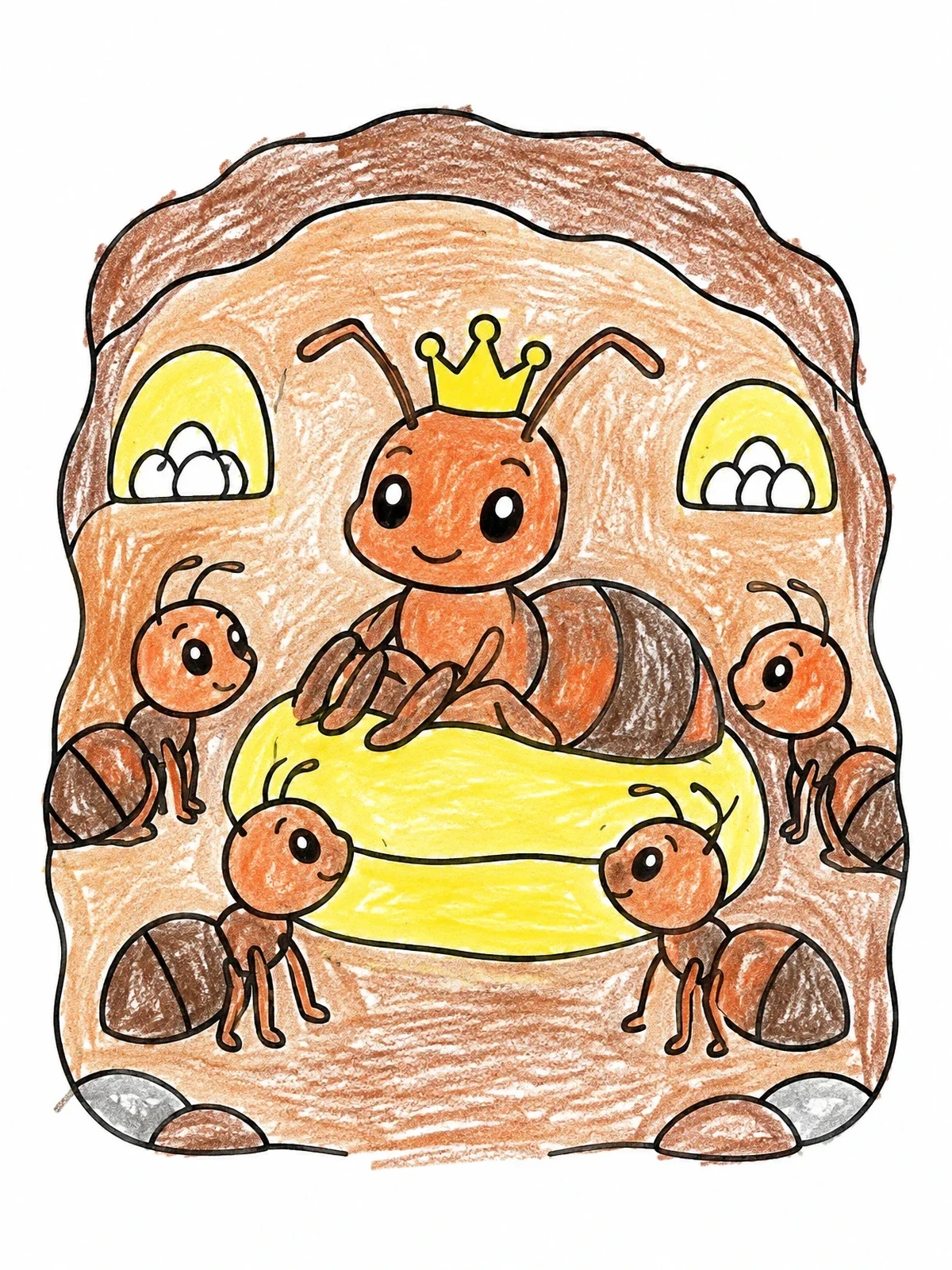 Colored example of the Queen Ant With Her Worker Colony coloring page