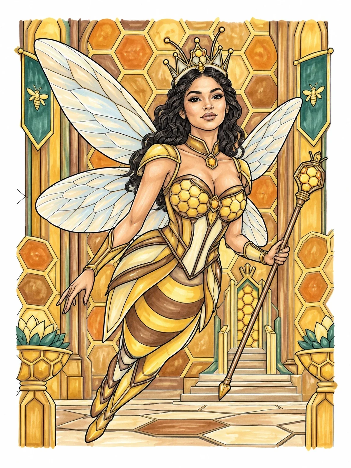 Colored example of the Queen Bee Fairy In Honeycomb Throne Room coloring page