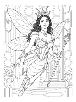 A queen bee fairy hovers in her throne room in this detailed queen coloring page.