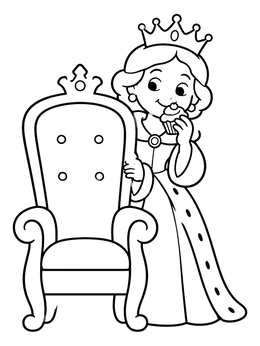 Free printable Queen Eating Cupcake Behind Throne coloring page