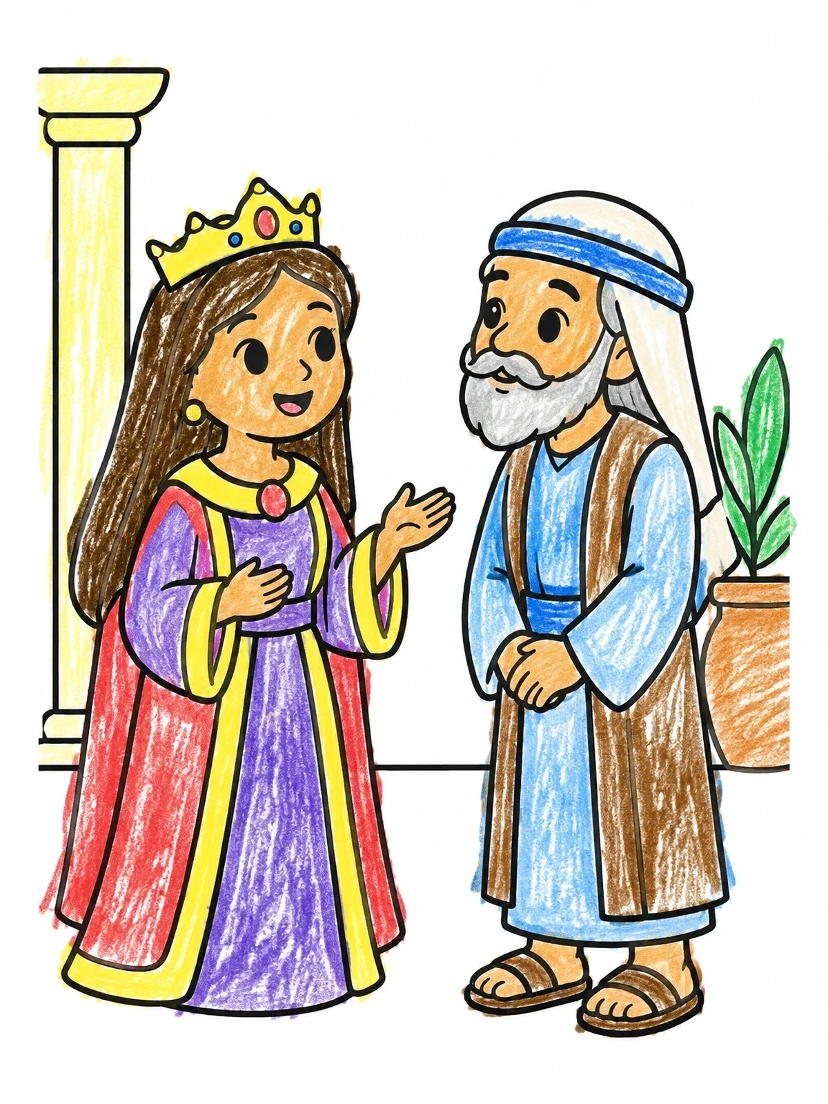 Colored example of the Queen Esther And Mordecai Talking coloring page