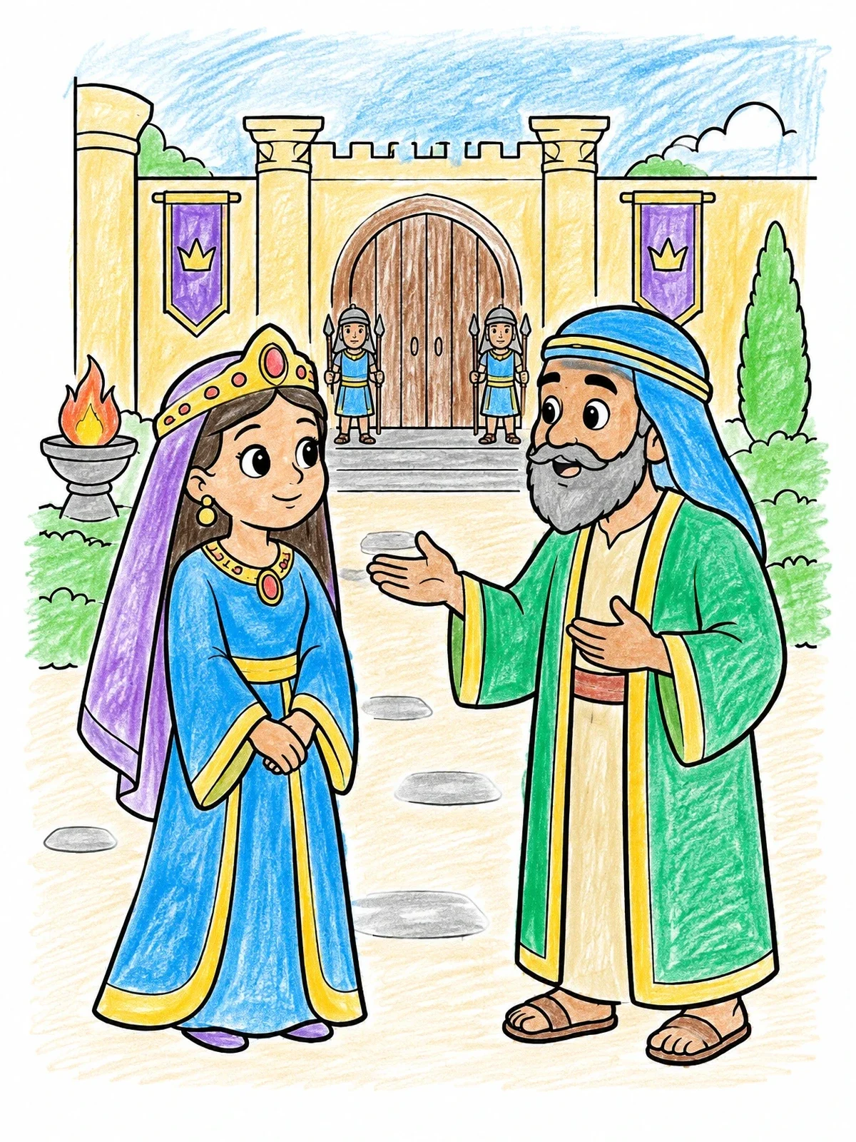 Colored example of the Queen Esther And Mordecai At Palace coloring page