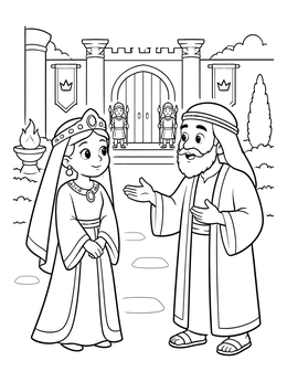 An esther coloring page showing Queen Esther listening to Mordecai outside the palace gate.