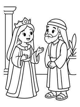 A sweet Queen Esther coloring page featuring Esther speaking with Mordecai in the palace.