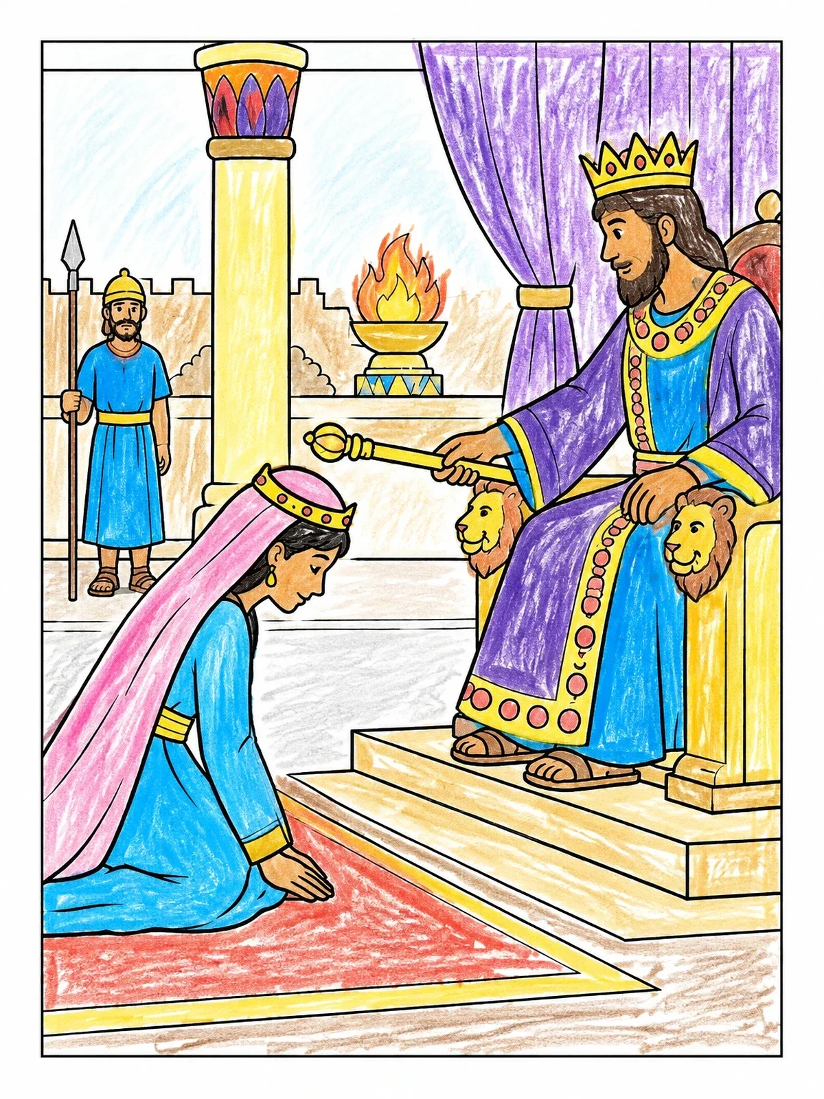 Colored example of the Queen Esther Before The King coloring page