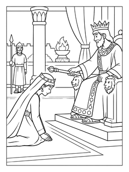 Queen Esther kneeling before King Ahasuerus on this esther coloring page.