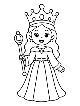 A cheerful cartoon Queen Esther coloring page holding a scepter.