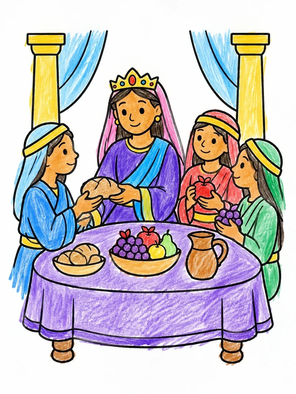 Colored example of the Queen Esther Feast With Maidens coloring page