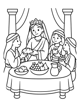Queen Esther sharing bread and fruit with maidens in this lovely Esther coloring page.