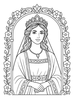Queen Esther wearing a tiara inside a decorative floral arch on this esther coloring page.